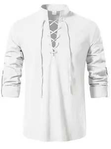 Men's casual stand-up collar plain linen shirt, Long Sleeve, stylish cross-laced V-neck design, lightweight and breathable, loose and practical fit, suitable for men's daily casual wear and outdoor travel and vacation