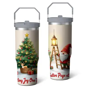 Stainless Steel Tumbler with Lid - Silver Color - Christmas Tree and Gnome Design with Spreading Joy One Day at a Time Text - Perfect for Holiday Season, Outdoor Activities, Office Use