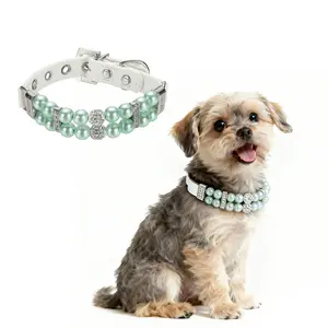 PETAXCELL Pearl Dog Collar, Bling Pearl Cat Collar Fancy Crystal Rhinestone Luxury Beaded Pet Cute Wedding Necklace Gift Diamond, (Green, S), Intended for Teacup /Puppies/Kitten/Small Pet