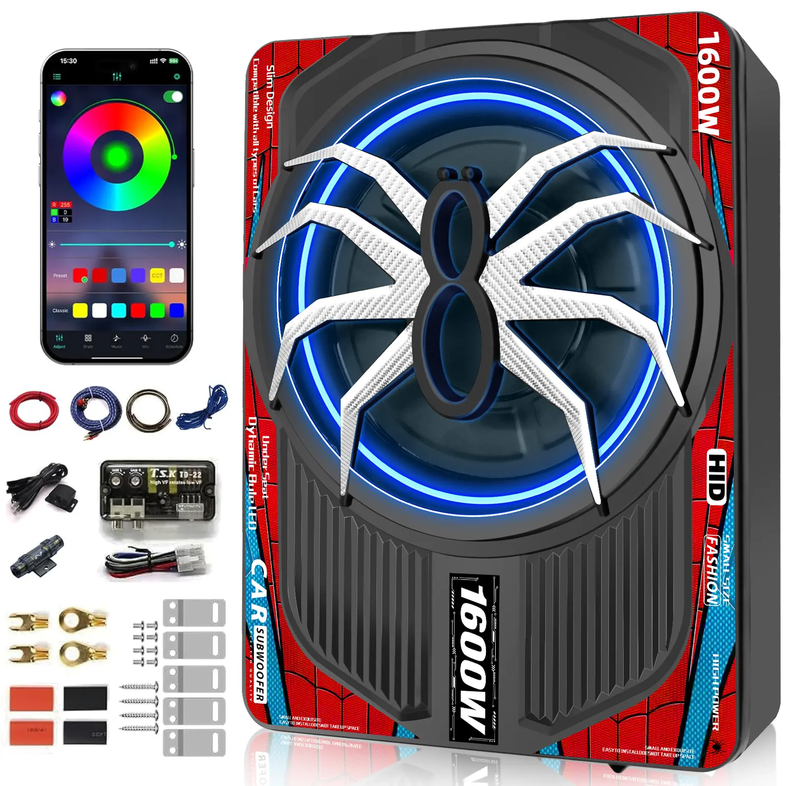 TANVSO 1600W Slim Underseat Powered Subwoofer Car Audio Bundle - Built-in Class D Vehicle Amplifier, Subsonic Deep Bass, High Excursion, Cast Aluminum for Car/SUV/Truck Audio System