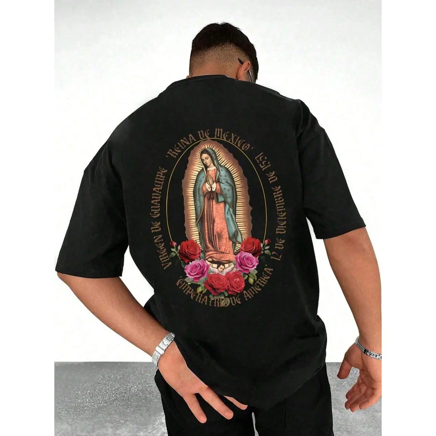 200G Premium Polyester Men's Round Neck Short Sleeve T-Shirt With Virgin Mary Pattern Printing Ideal For Summer Wear