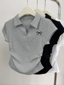 3pcs women's casual fashion butterfly pattern details simple solid color pleated polo collar pullover shirt women's short sleeved three piece T-shirt Polo Shirt Set