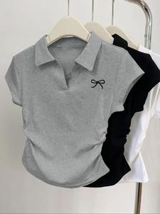 women's bow print tee, casual short sleeve t-shirt for daily wear, ladies clothes for all seasons, top, womenswear