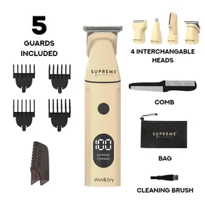 Supreme Trimmer Multigroomer 4.0 Wet/Dry 14 Piece Set with 4 Interchangeable Heads, Waterproof, Travel Lock, and 5 Guards Included - Hair Cutting Kits