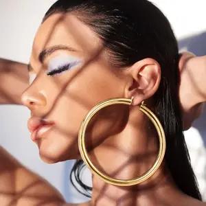 Oversized Chunky Gold Metal Pin Catch Hoop Earrings | 4" |  623944