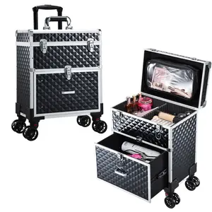Rolling Makeup Case with Drawer Professional Cosmetology Train Case with Wheels Detachable Bag Lockable Salon Barber Case Travel Cosmetic Trolley