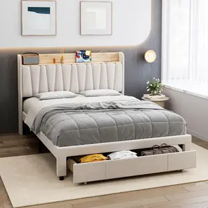 Upholstered Platform Bed Frame with Storage Headboard, Integrated Charging Station (2 USB Ports & AC Outlets), in Charging Station – Heavy Duty, No Box Spring Needed, Spacious Drawers, Heavy Duty, Easy Assembly, Noise-Free - Queen/King, Grey/Beige
