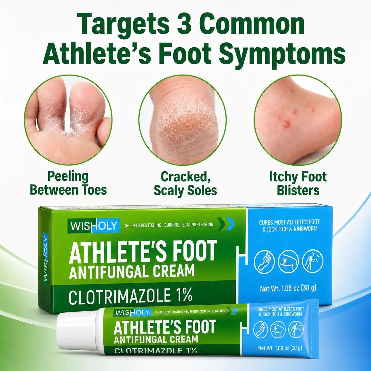 Wisholy Antifungal Athlete’s Foot Cream with 1% Clotrimazole - Tea Tree Infused, Daily Moisturizing, 24-Month Shelf Life, Relieves Itching, Burning, Scaling, Cracking, Treats Foot Fungus, 1.06 oz, Oil, Moisture
