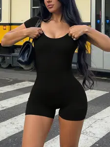 Women's Sexy U Neck Short Sleeve Slim Fit Jumpsuit, Casual Summer Romper, Stylish One-Piece for Daily Wear