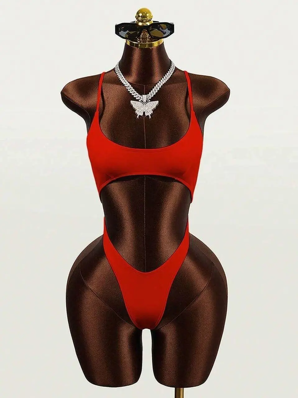 Women's Cute Red Hollow-Out Backless Spaghetti Strap Brazilian Thong One-Piece Swimsuit - Summer Beach Holiday Swimwear