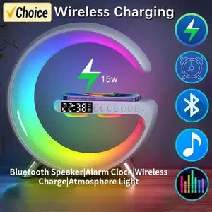 Multifunction RGB Light Bluetooth Speaker Alarm Clock 15W Wireless Charger Stand Pad For iPhone Samsung Fast Charging Station