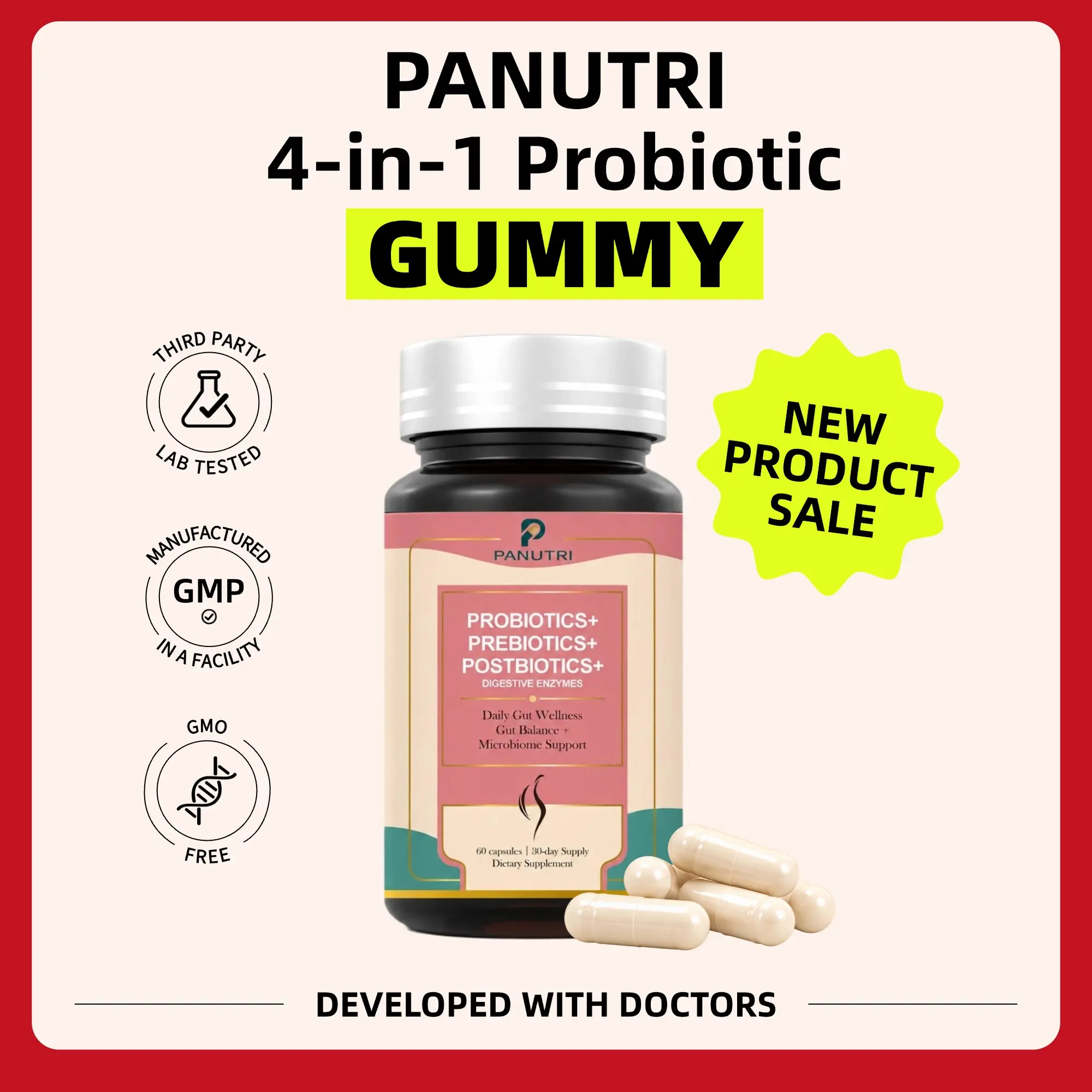 Panutri 4-in-1 Probiotics for Gut Health & Digestive Support | Prebiotic, Probiotic, Postbiotic & Digestive Enzymes | 8 Strains, 1440mg with Inulin + FOS | 60 Capsules 30 Day Supply for Adults