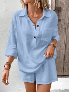 Women’s Linen 2 Piece Set, Casual Button V Neck Shirt & Drawstring Shorts, Perfect for Vacation, Beach & Summer