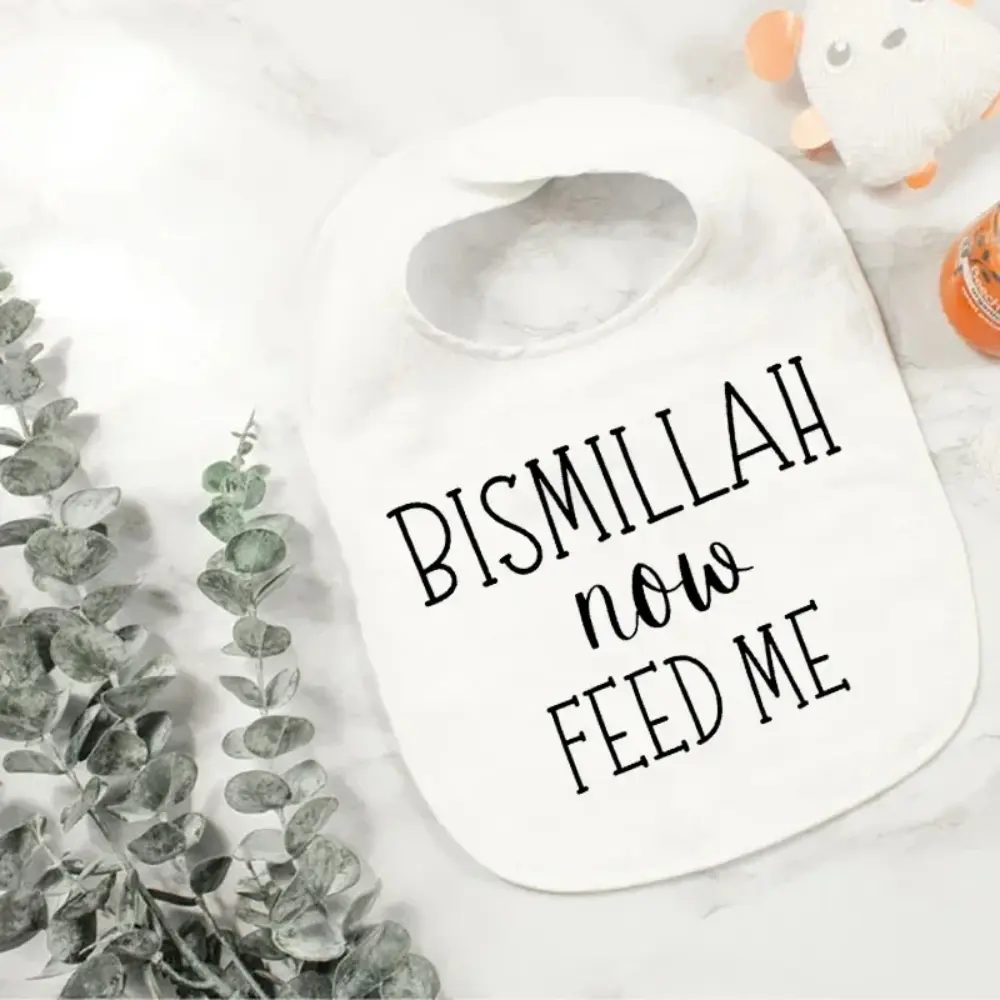 Bismillah, now feed me a bib, my first gift. Eid Mubarak, Eid Ramadan Al Adha, Muslim, Islamic, holiday, Kareem, decoration, boy, girl, gift. Feeding Bibs