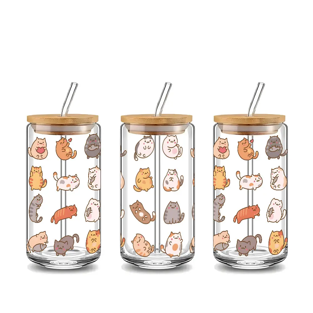 Cute Cats Pattern 16oz Glass Can Cup with Lid and Straw, Reusable Glass Drinking Cup, Glass Jar for Iced Coffee, Juice, Milk, Cold Drinks, Kawaii Glassware, Perfect Gift for Cat Lovers, Coffee Enthusiasts, Tumbler, Drinkware, Drink Container