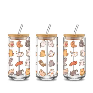 Cute Cats Pattern 16oz Glass Can Cup with Lid and Straw, Reusable Glass Drinking Cup, High-Quality Glass Jar for Iced Coffee, Juice, Milk, Cold Drinks, Kawaii Fashionable Glassware, Perfect Gift for Cat Lovers, Coffee Enthusiasts, Tumbler, Drinkware