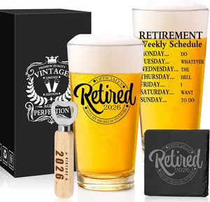 Retirement Gifts for Men 2026 - Retirement Beer Glass with Stone Coasters, Bottle Opener, Funny Beer Glass Unique Gift For Dad, Grandpa, Friends, Family