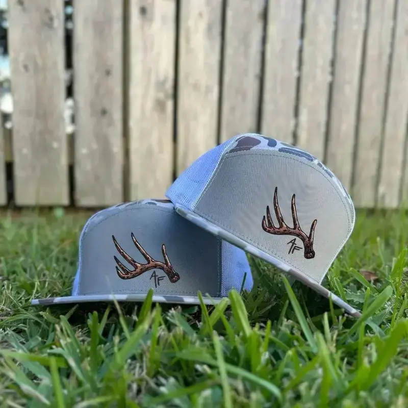 The Antler AF Embroidered Hat, 7 Panel Bottomland Style Camo Snapback, Vintage Hunting Trucker Cap, Adjustable Mesh Back Deer Hunting Hat, Outdoor Gift for Hunters