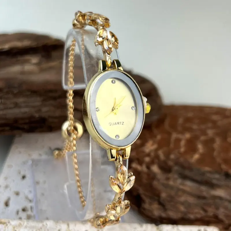 Women's Elegant Rhinestone Decor Leaf Design Quartz Watch, Fashionable Oval Dial Analog Watch for Women & Girls, Trendy All-match Watch for Birthday Gift, Exquisite Watch, Rhinestone Wristwatch, Fashion Wristwatches, Fashionable Stylish Watch