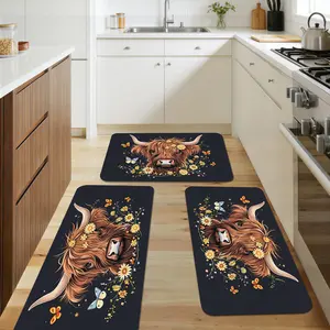 Highland Cow and Butterfly Floral Print Kitchen Mat Set of 1/2/3, Flannel, Suitable for Home Use - Suitable for Entrance, Laundry Room, Bathroom - Spring & Summer Decoration Outdoor Theme, Fade-, Suitable for Home Decoration