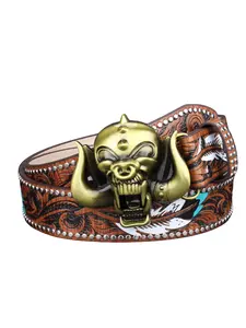 Gothic Western Skull Belt, Vintage Silver/gold Devil Skull Buckle, Studded Feather Embossed Leather Belt, Unisex Punk Streetwear