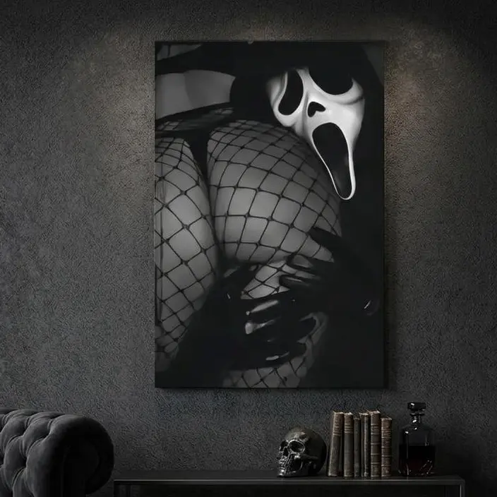 Ghostface Scream Framed Canvas Wall Art, Dark Gothic Aesthetic Horror Poster, Spooky Halloween Decor for Bedroom & Bar, Gift for Horror Movie Fans farmhouse home,homegoods halloween minimalist print