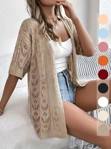 【Plus Size】 Lace Hollow Out Open Front Crop Cardigan, Casual Short Sleeve Crochet Knit Cardigan for Summer, Women's Plus Clothing for Daily Wear, Tops