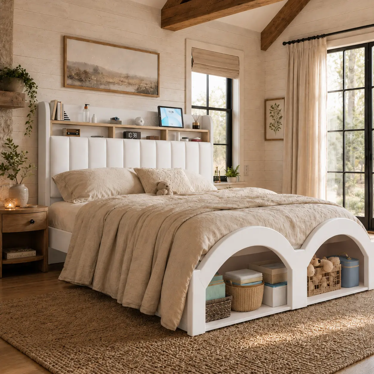 Torana Queen LED Storage Bed Frame with Galaxy Star Projector, Pet-Friendly Faux Leather Bed, 2-Tier Storage Headboard, Modern Bedroom Upgrade, White