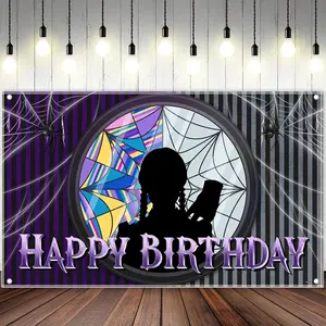 Spider web birthday, Gothic window horror party photo background, horror theme banner decoration