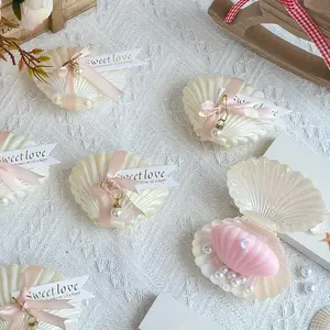 10 Sets Pink Shell Candle Sets Wedding Favors for Guests, with Shell Shaped Gift Box Card Ribbon