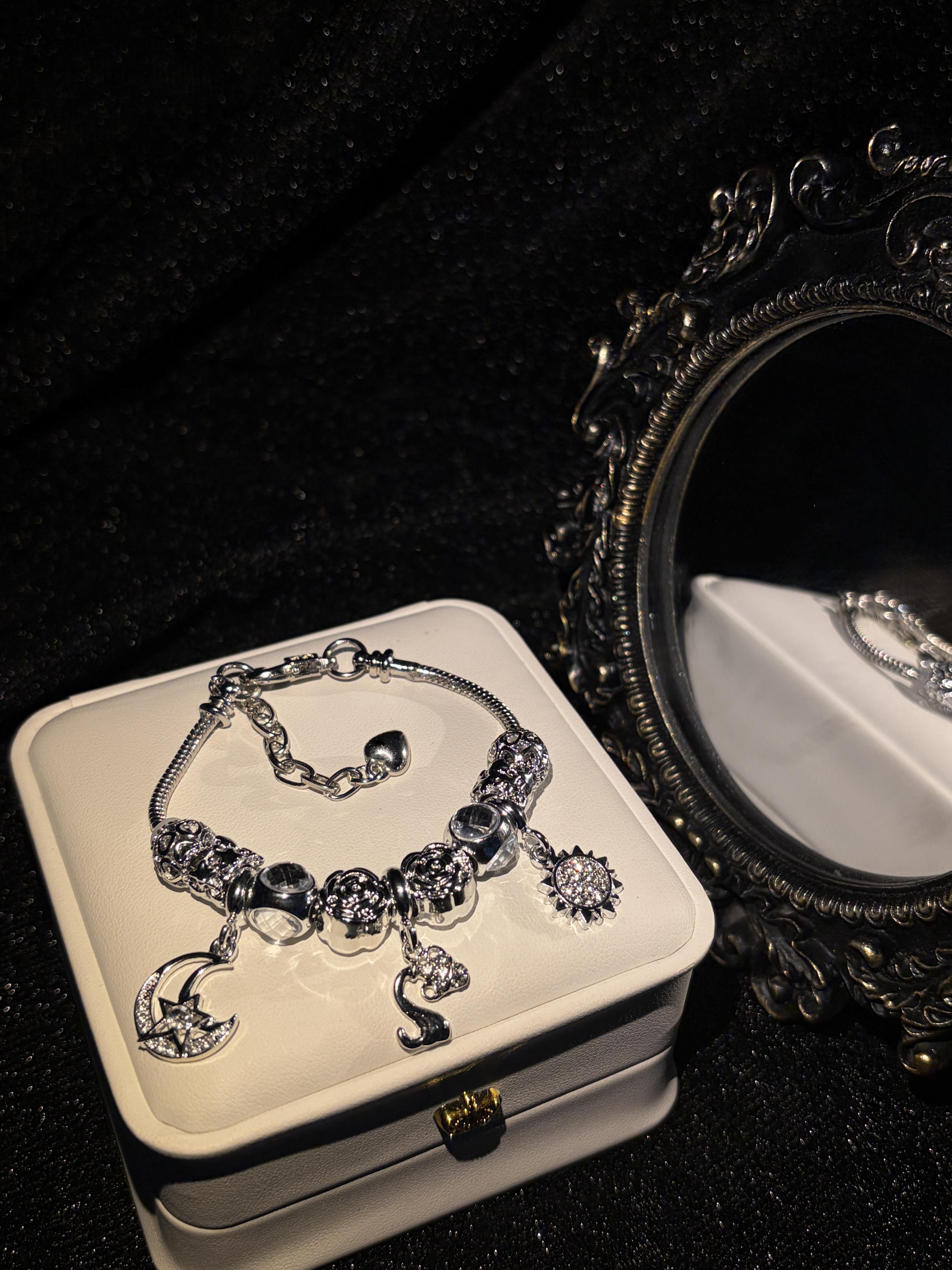 Stunning Silver‑Tone Sun Moon Zodiac Charm Bracelet Crystal Inlaid Constellation Pendant Bracelet Fashion Women Jewelry Birthday Gift