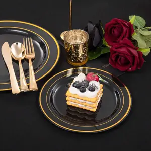 100PCS Black And Gold Plates - Heavy Duty Black Plates Disposable For Party/New Year/Halloween - Include 50PCS 10.25inch Black Dinner Plates - 50PCS 7.5inch Black Dessert Plates