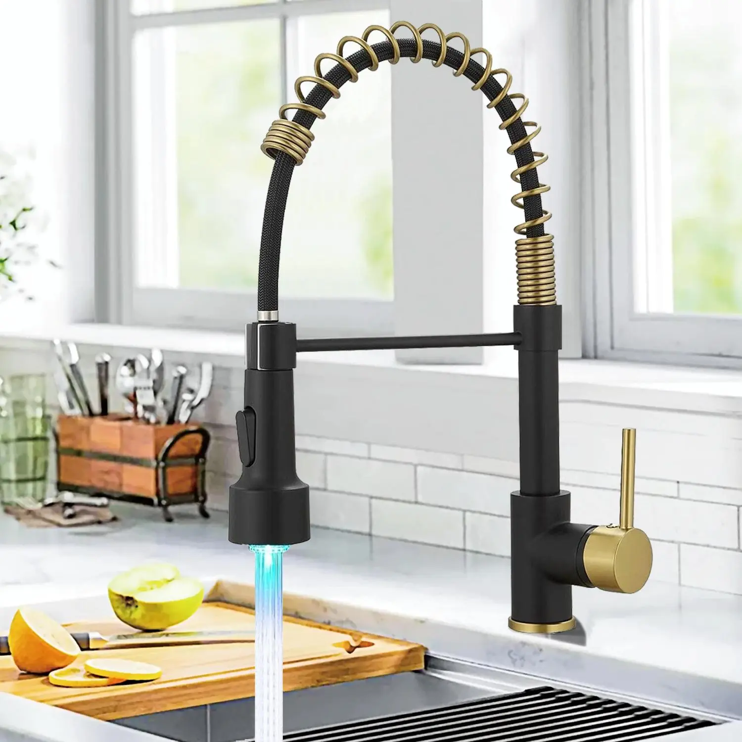 Modern Matte Black & Brushed Gold Stainless Steel Kitchen Faucet - Pull Down Sprayer, Commercial Single Handle, Single Hole Spring, Centerset, LED Faucet for Sink, Stainless Steel Faucet