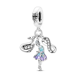 MULA S925 Silver-plated ballerina and swan pendant with infinity symbol, hand-painted enamel and CZ charm, compatible with Pandora bracelets and necklaces, great gift for girls and dance lovers