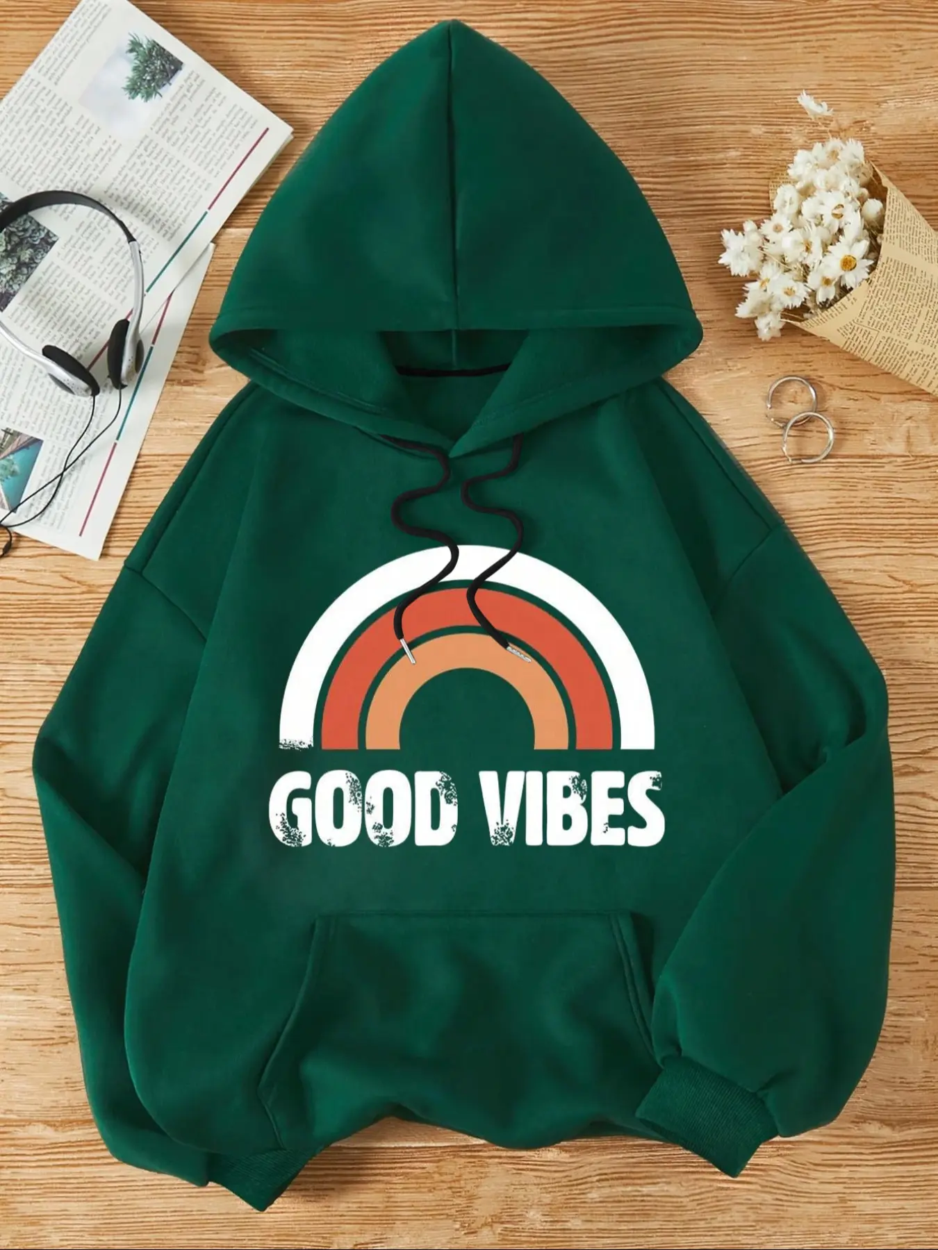Women's Drawstring Hoodie with Large Pockets, Rainbow Letter Print, Casual Commuter Sweatshirt, Comfortable Fall & Winter Top