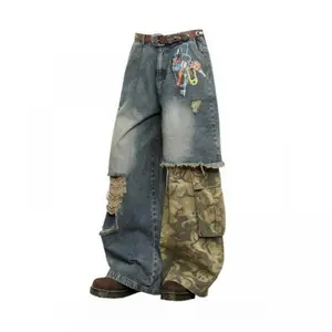 New Harajuku Camo Patchwork Barrel Leg Jeans Vintage Distressed Wide Leg Baggy Pants Women Stretch Sustainable Streetwear Trousers
