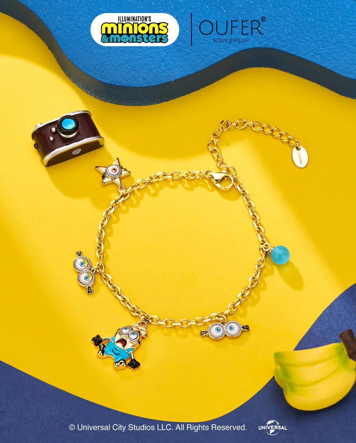 MINIONS × OUFER Henry Official Licensed Minions Charm Bracelet, 316L Stainless Steel Adjustable Chain Bracelet, Cute Cartoon Minion Dangle Charms Fashion Jewelry for Women Girls Universal Studios Gift