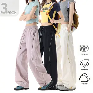 3-Pack Women’s Mountain Style Color-Block Wide-Leg Paratrooper Pants — Lightweight, Quick-Dry Summer Cargo Sport Casual Pants with Elastic Waist and Drawstring Cuffs