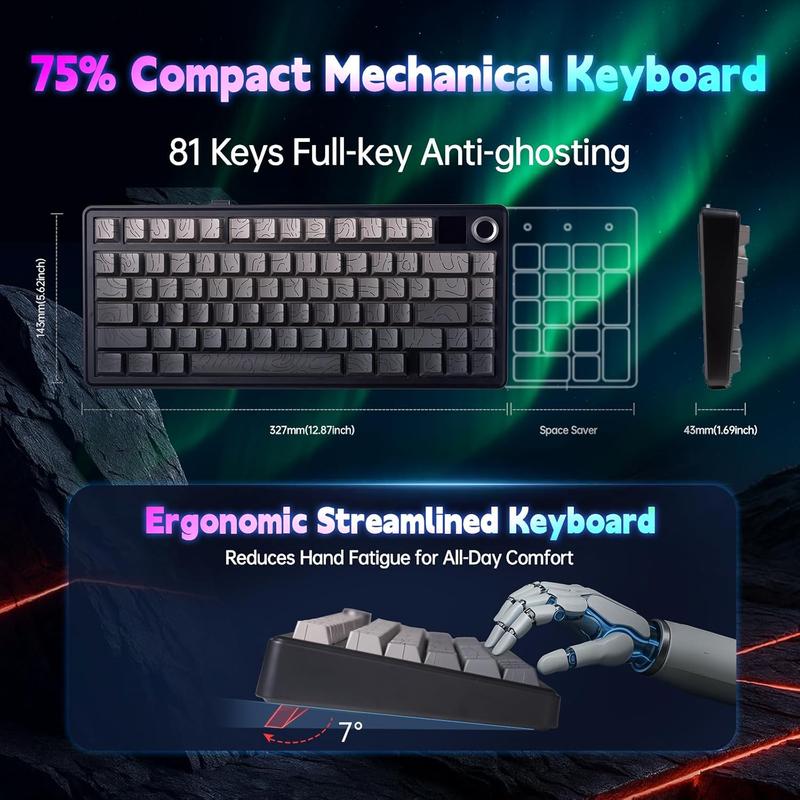 Aula F75 MAX Wireless Mechanical Keyboard with TFT Screen and Knob, Gasket Gaming Keyboard in 75% Layout, Hot Swappable, RGB Backlight, for  Multimedia ScrolWheel, creamy keyboards