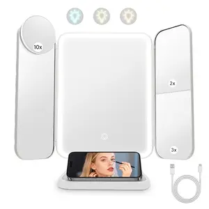 Portable LED Light Makeup Mirror, Dimmable Led Mirror, Lighted Mirror, Mirror with Lights, Magnifying Mirror, 3-fold Foldable Rechargeable Mirror, Rechargeable Vanity Mirror with 2x 3x 10x Magnification, Touch Control Mirror for Travel Bedroom