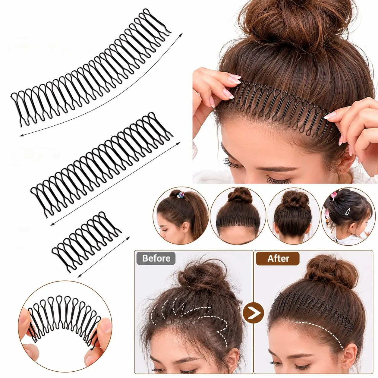 U Shape Hair Finishing Fixer Comb, 3 Pieces Bobby Bangs Holder Styling Tool Stretchable Hair Pin U Shape Wavy Comb Clips Spring Headband Circle Styling Black Pins Bun Hairpins for Women Girl - MM2