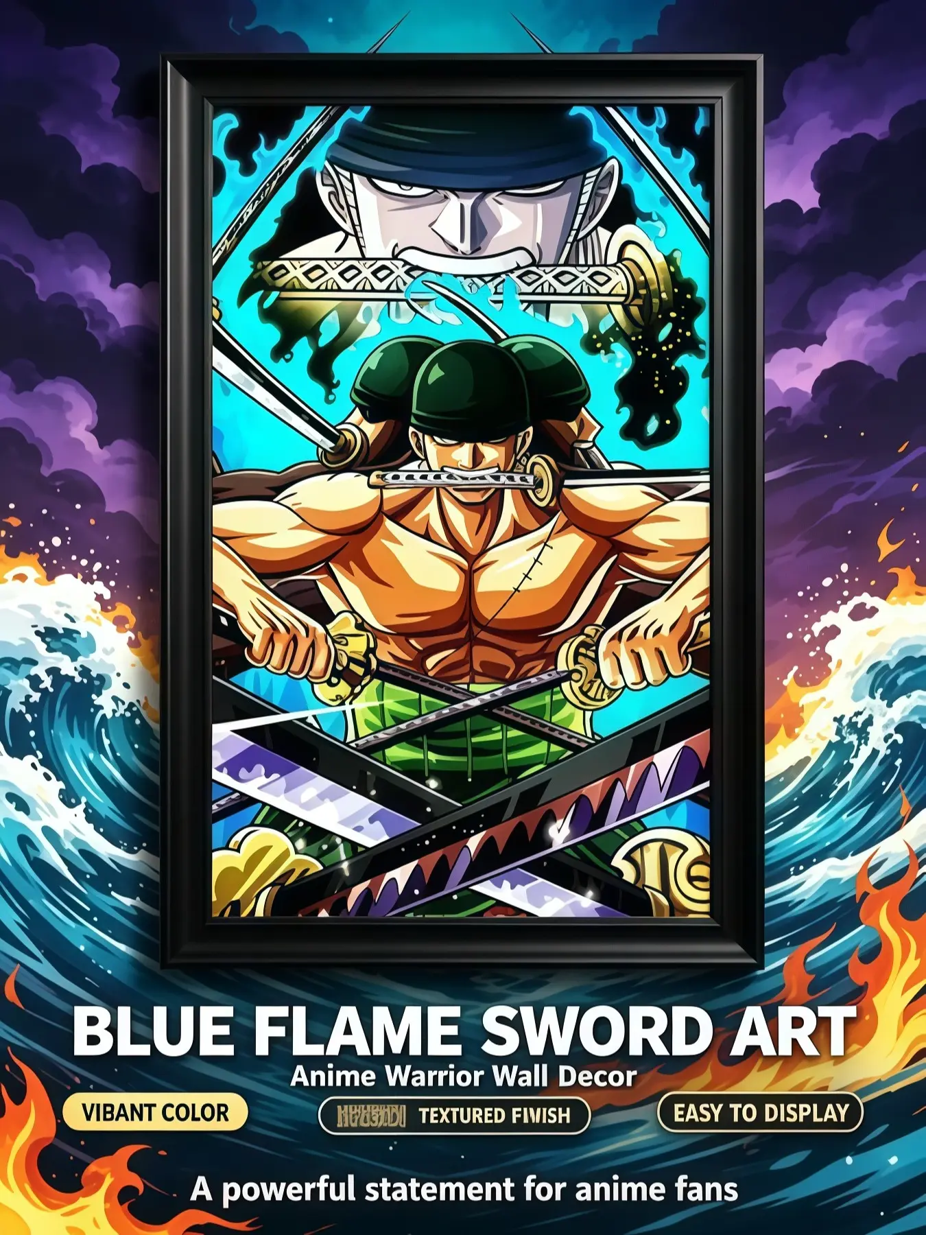 Zoro 3-Sword Anime Art Prints Home Decor Box, Vibrant Posters for Otaku Fans, Home Decor Fits Bedroom & Private Space Display, Vibrant Print