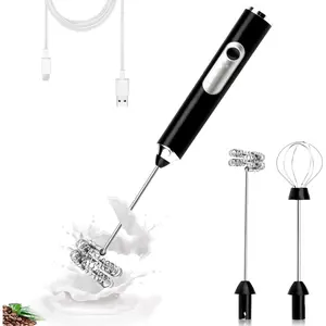Portable Handheld Electric Milk Frother - Rechargeable USB Charged Drink Mixer with 3 Stainless Steel Heads, 3-Speed Whisk, Small Size for Latte, Cappuccino (Midnight Black/Pearl White)