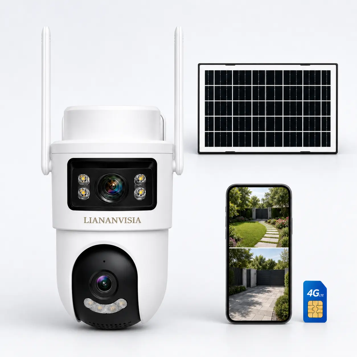 LIANANVISIA 4G LTE Cellular Security Camera - No WiFi, Built-in SIM Card, Solar-Powered Dual-Lens Outdoor System with Color Night Vision, 360° Pan-Tilt, Real-Time Detection, Remote Viewing, 2-Way Speaker, Local Storage, Water Proof Auto-Connect Control