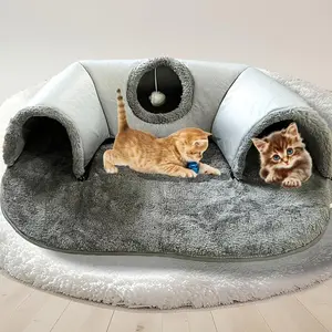 Three-In-One Comfort Cat Tunnel Bed Mat with Non-Slip Base, Play Pad & Warm Nest for Small to Medium Cats, Rabbits & Hamsters