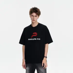 PCLP "Initial P" Slanted Logo Embroidered Short-Sleeve Trendy Couple Undershirt Summer American Heavyweight T-Shirt for Men Top Tshirt Menswear  Crewneck graphic teevintage clothinggraphic apparel trendy t-shirts good graphic tees white tee men's t shirts