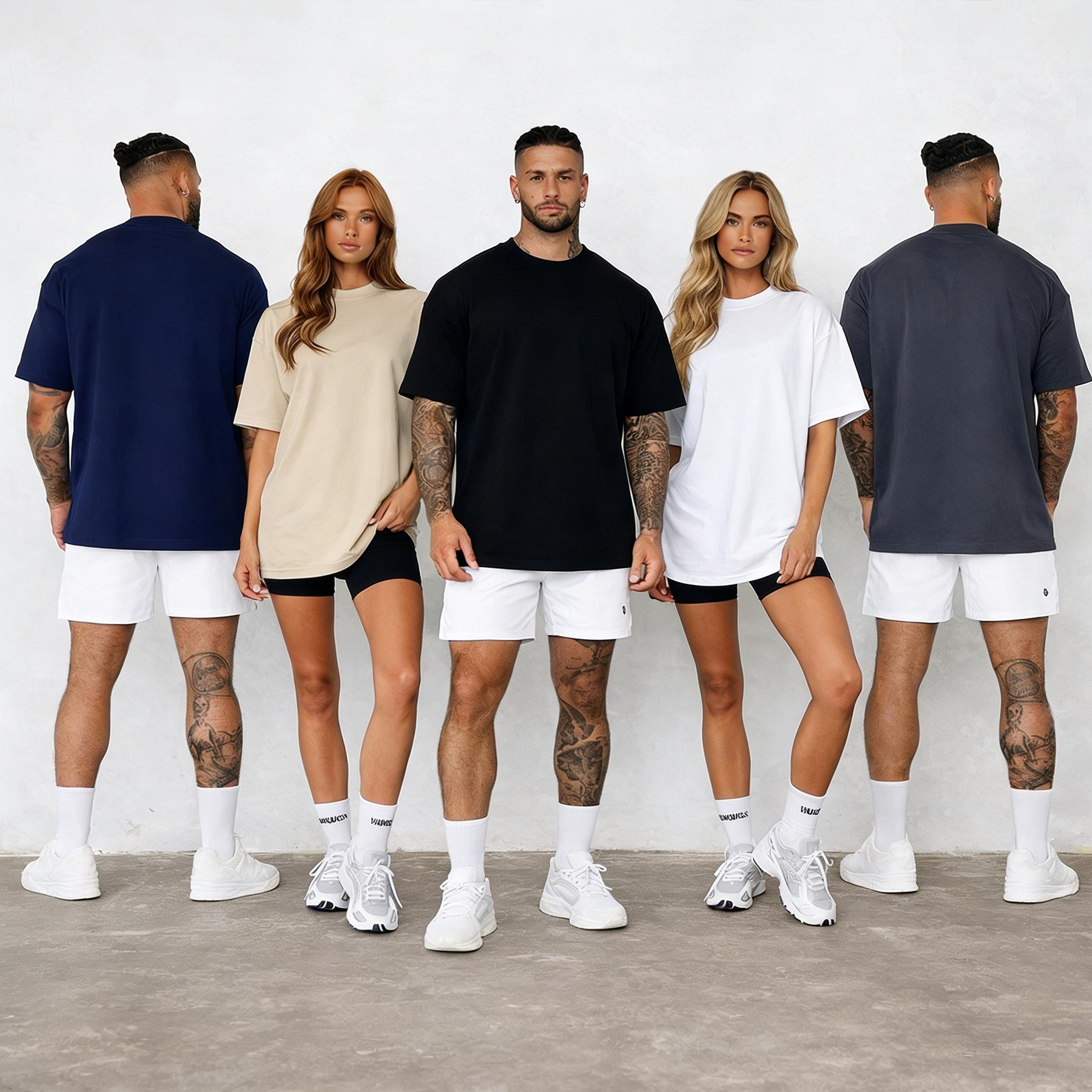 5-pack unisex short-sleeve T-shirts, American basic style, heavyweight high GSM, oversized casual athletic design; versatile tops available in multiple colors; a multi-piece set—versatile and suitable for various occasions, ideal for summer wear and a war