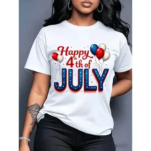 Women's 4th of July Graphic T-Shirt, American Retro Balloon Print Round Neck Shortsleeve Top in Soft Breathable Cotton