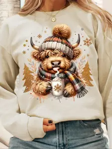 Women's Dropped Shoulder Sweatshirt, Sweater, Christmas Cow Print, Comfortable Long Sleeve Round Neck Pullover, Fall & Winter Fashion Casual Top, Womenswear