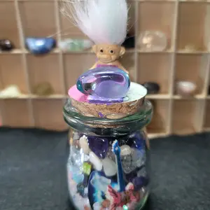 Mischief Maker Crystal Jar with AMETHYST AND PINK QUARTZ CRYSTALS  WITH Trolls and Unique Design
